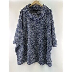 Lane Bryant Poncho Sweater Blue White Cowl Neck Pouch Pocket Pullover Plus 18/20